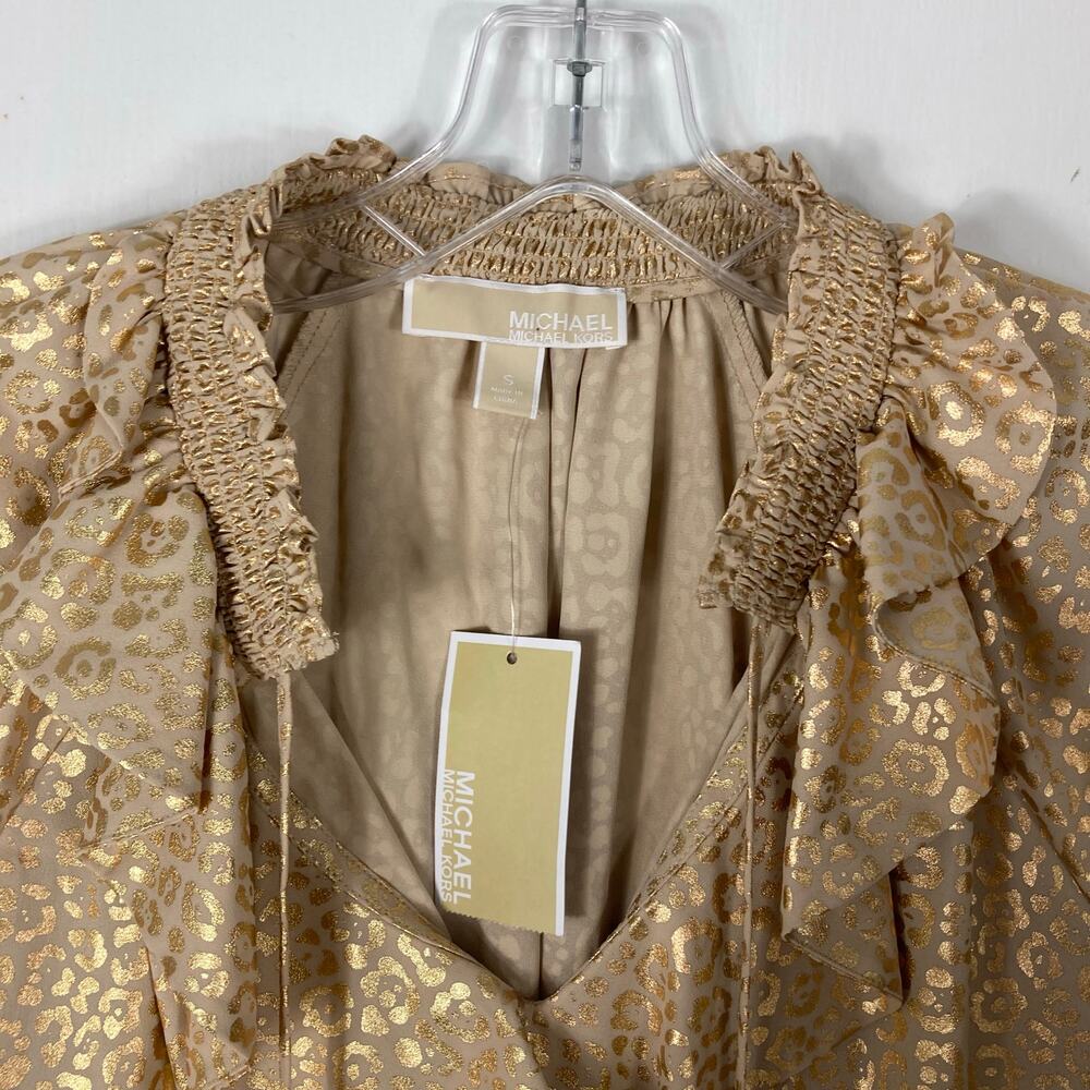 NWT MICHAEL KORS Top S Gold Geo Dots Ruffle Bow-Tie Balloon-Flounce-Long-Sleeve - Picture 9 of 16